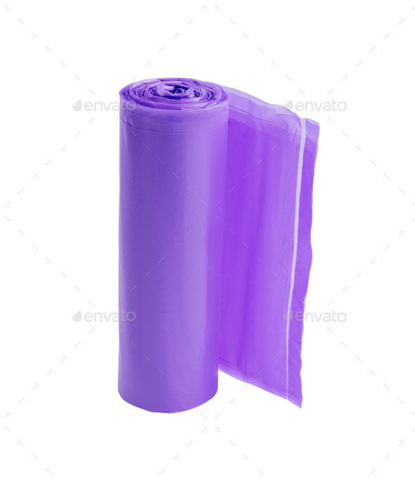 Roll Of Plastic Garbage Bags Isolated On White Stock Photo