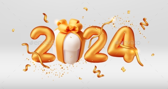 3d Gold Balloon 2024 New Year Symbol