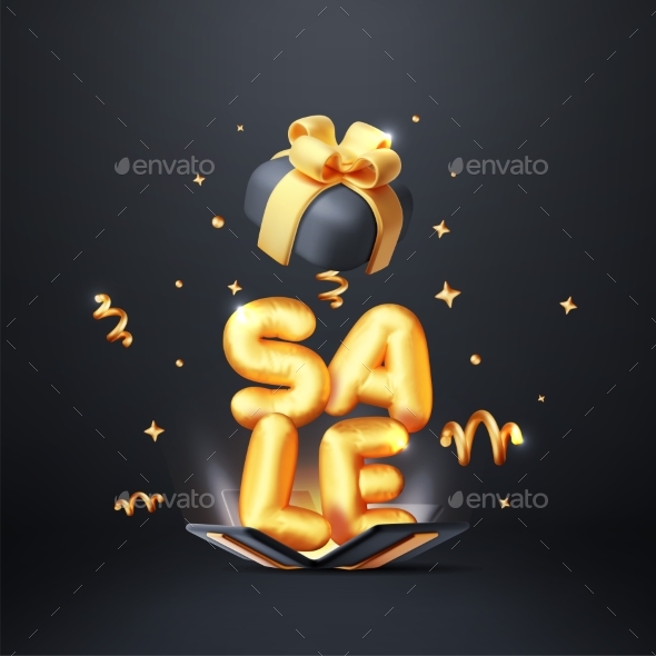 3D Gift Box With Sale Balloon and Falling Confetti