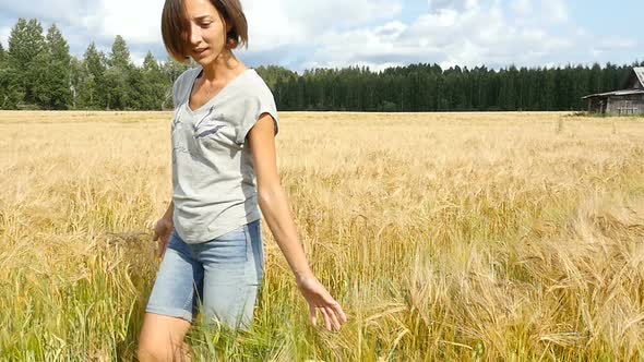 Pretty Girl Walking On Wheat Fields. Young Woman Walks On The Golden Fields