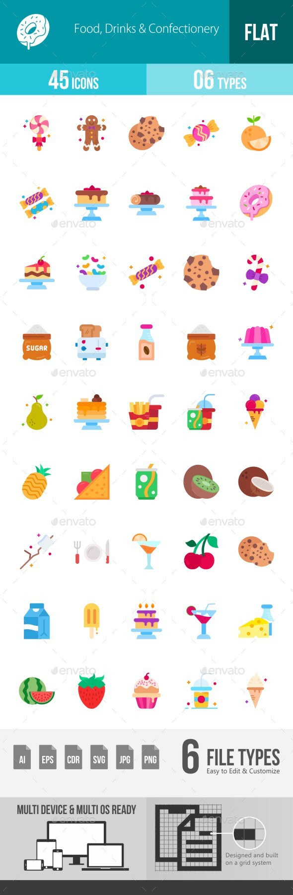 [DOWNLOAD]Food, Drinks & Confectionery Flat Multicolor Icons