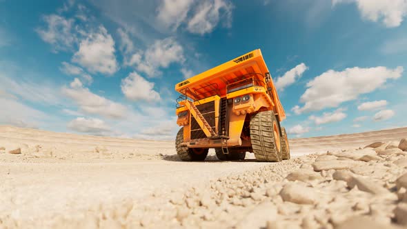 Animation of the yellow dump truck driving through the vast dig site. 4K HD alt