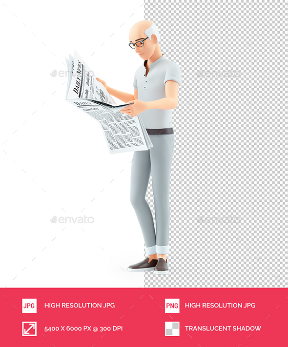 3D Senior Man Standing and Reading a Newspaper