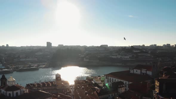 Panoramic view of Ribeira and Douro River with sunbeam. Oporto, Portugal alt