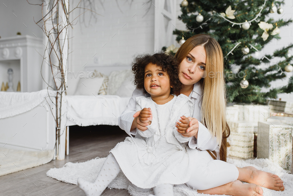 Christmas Family Mom and Daughter. Merry Christmas and Happy