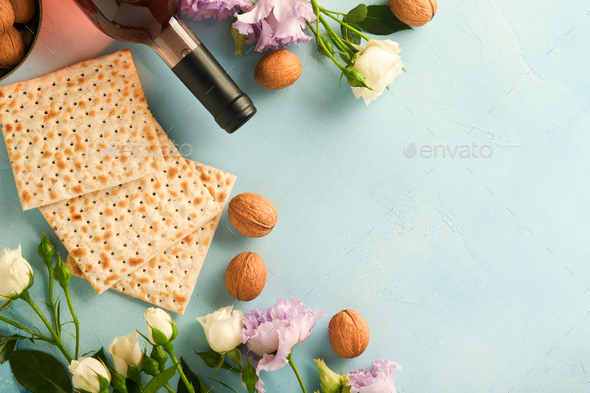 Passover Celebration Concept Matzah Red Kosher Walnut And Spring Beautiful Rose Flowers 9012