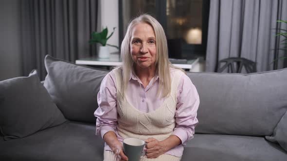 Elderly Woman Sits on the Couch at Home and Communicates with Relatives By Video Call Grandmother in alt