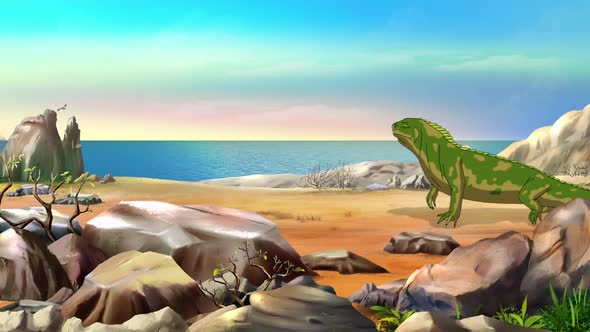 Green marine iguana on an island in the ocean alt