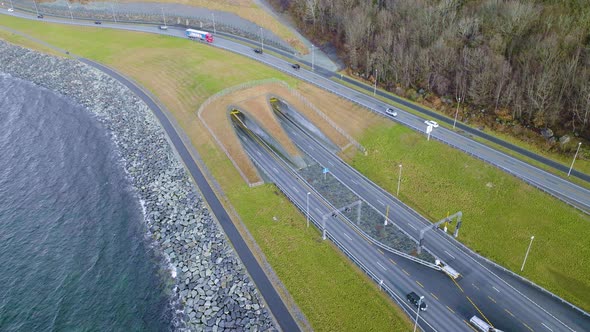 Record breaking Ryfast subsea tunnel system entrance with car traffic; drone alt