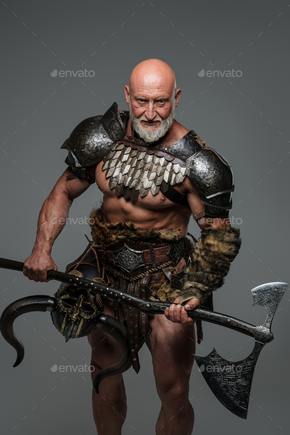 A mature bearded Viking with a bald head