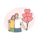 Smiling Couple Hug Holding Heart Shaped Balloons 