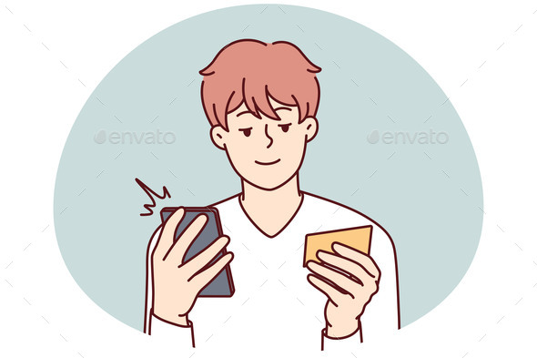 Happy Man Paying on Cell with Credit Card