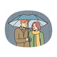 Happy Couple Walking in Rain Under Umbrella 