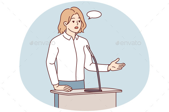 Businesswoman Speak in Microphone at Conference