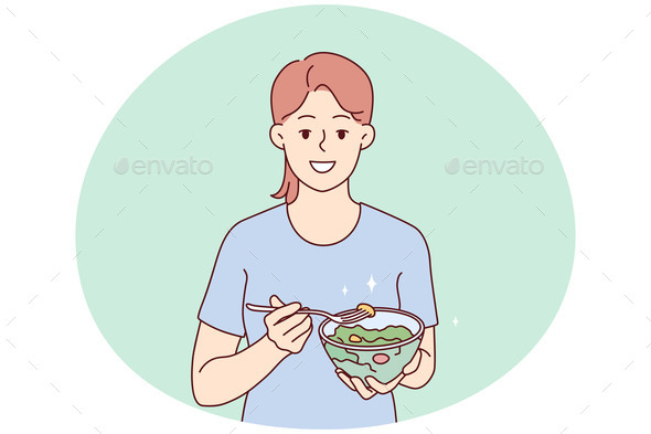 Smiling Woman Eating Healthy Vegetable Salad