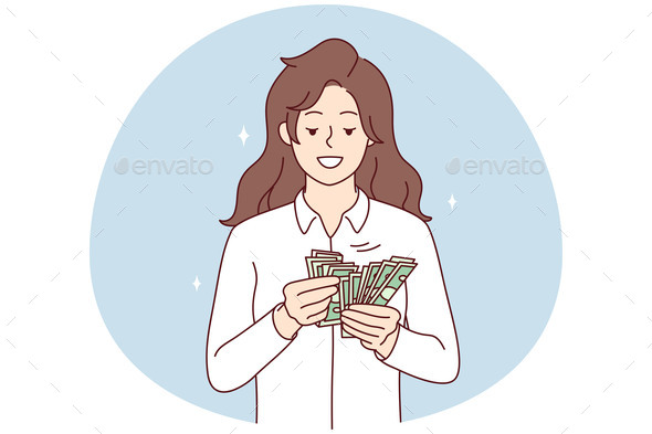 Smiling Woman Counting Money Banknotes