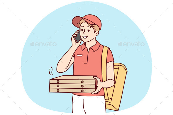 Deliveryman with Pizza Boxes Calling Client