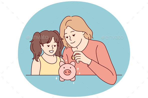 Mother and Daughter Put Coin in Piggybank