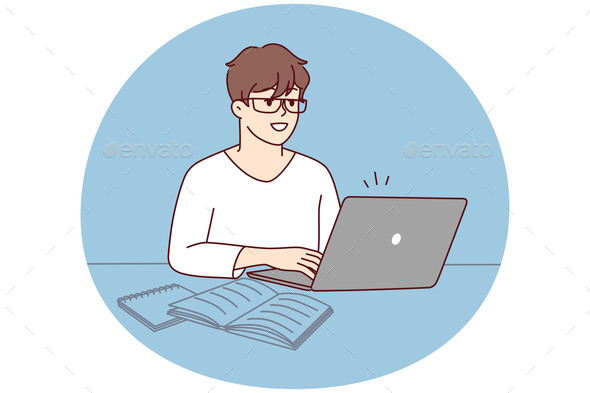 Smiling Man Sit at Desk Work on Laptop