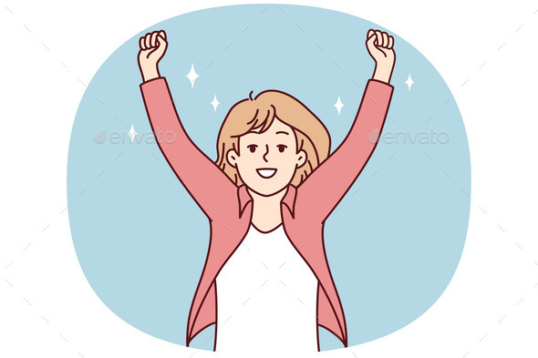 Smiling Woman Raise Hands Celebrate Win