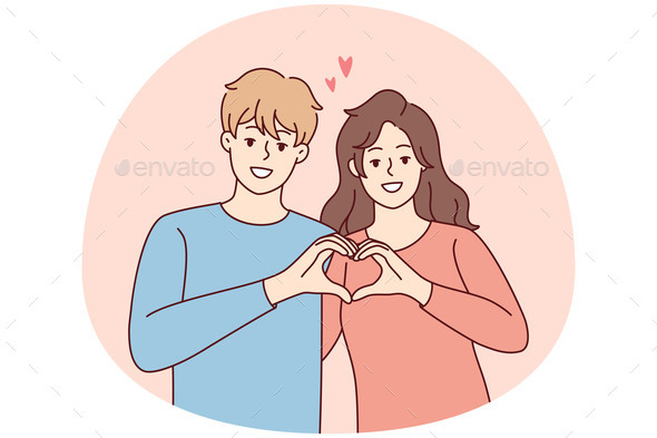 Smiling Couple Show Heart Hand Gesture