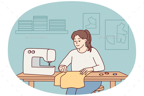Female Seamstress Sewing on Machine