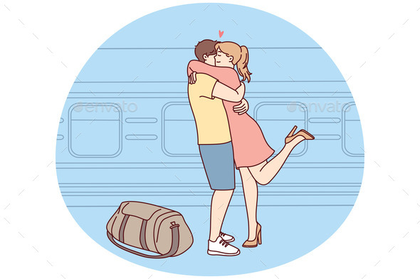 Happy Couple Hug Meeting at Railway Station