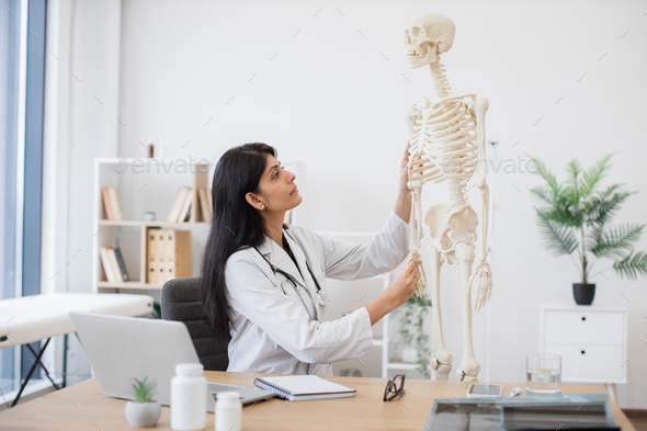 Doctor using model of skeleton during video course on laptop