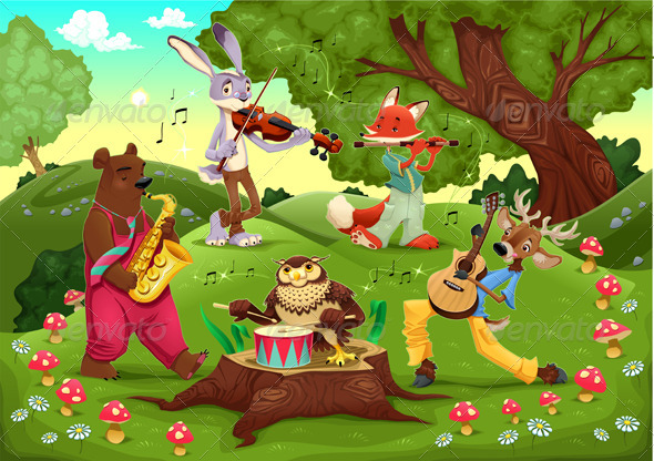 Musicians animals in the wood. - Animals Characters