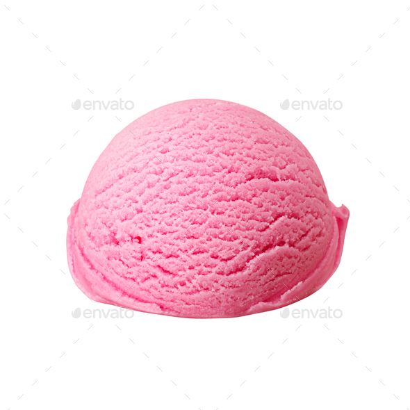 Top View Of Pink Gelato Scoop With Strawberry Isolated On White