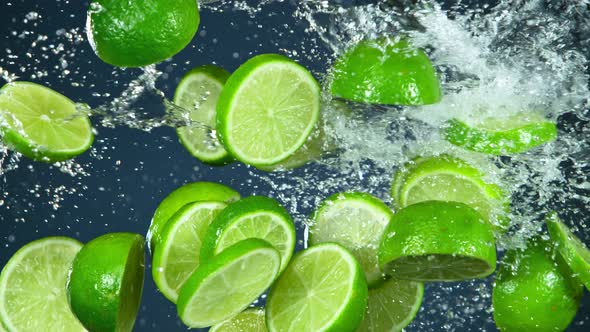 Super Slow Motion Shot of Flying Fresh Lime Slices and Water Side Splash at 1000Fps. alt