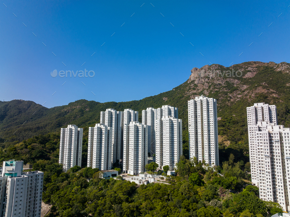 Hong Kong lion rock mountain with residential district