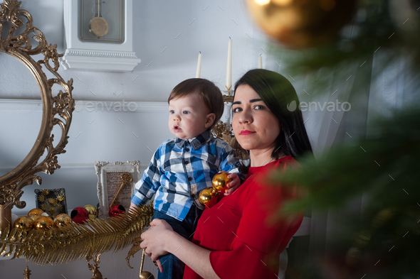 Cheerful Mother and Son with Christmas Gifts Stock Photo - Image