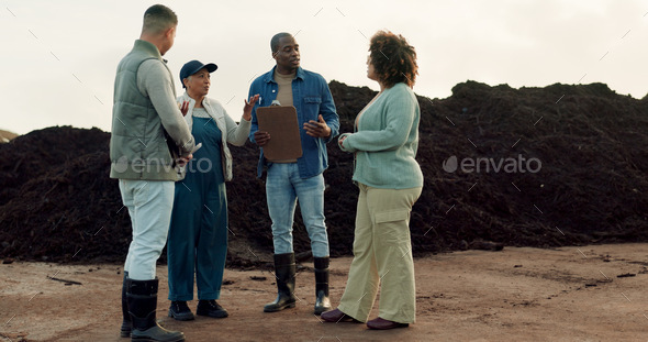 Team, farmer or agriculture or business talking on dirt land or collaboration, compost or environme