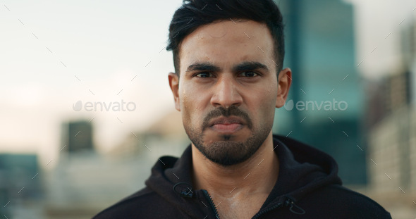 Workout, city portrait and angry man serious, determined and ready for outdoor cardio, fitness or s