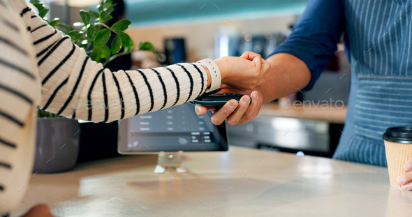 POS Terminal for Payment with Smart Watch Nfc Technology. Cashier and  Customer Hands Stock Image - Image of people, credit: 191548805