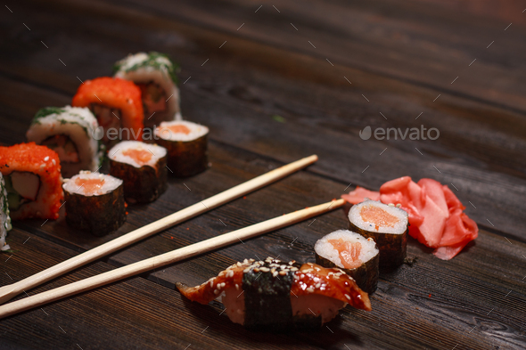 sushi set rolls chopsticks food ration wasabi delicacy