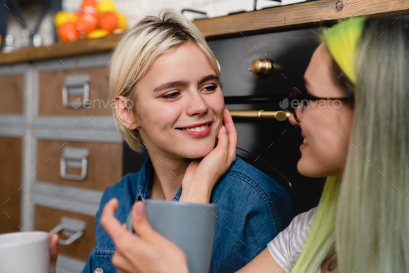 Closeup Photo Of Romantic Lgbtq Lesbian Couple Females Cuddling Hugging