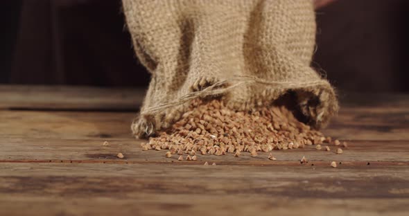 Pour Buckwheat From A Bag On A Wooden Table