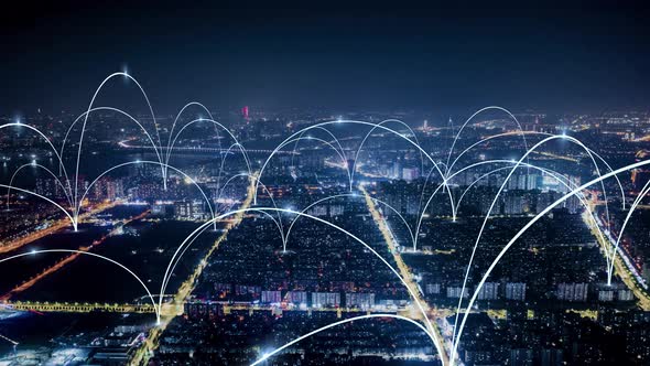 smart Connected city skyline. Futuristic network concept, city Technology. alt