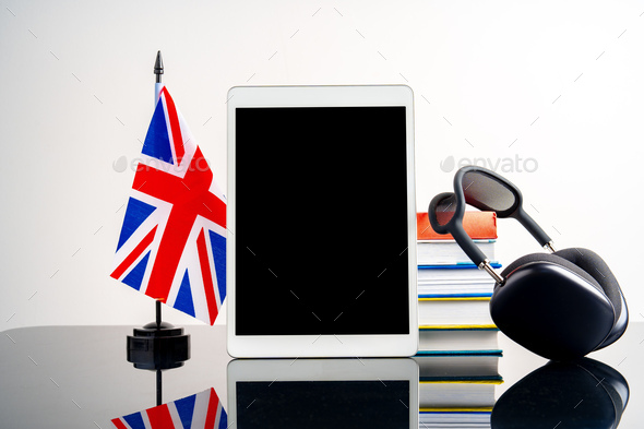 English language learning concept with books and flag of Great Britain
