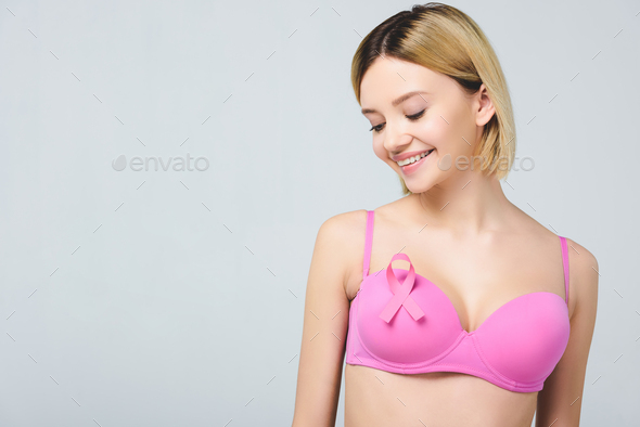 Pink bra and ribbon illustration for breast cancer Stock Vector