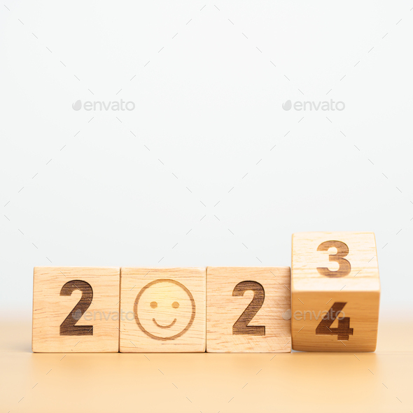 Smile face with 2024 block. mental health, eco sustainable and Happy New Year concept