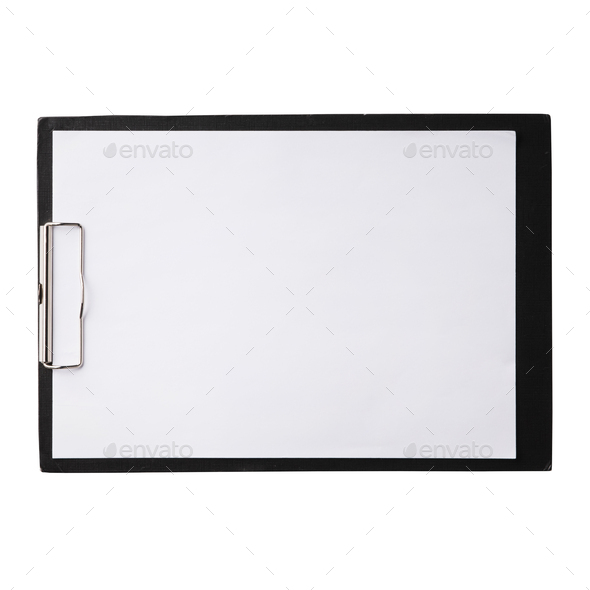 Black clipboard with clip at the top for papers, horizontal. Single clipboard, writing board with