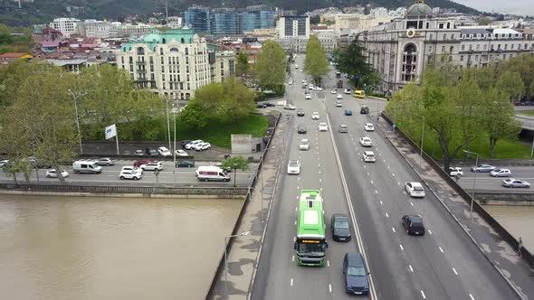 Aerial View Of City Traffic. Tbilisi, Georgia, Cars Traffic