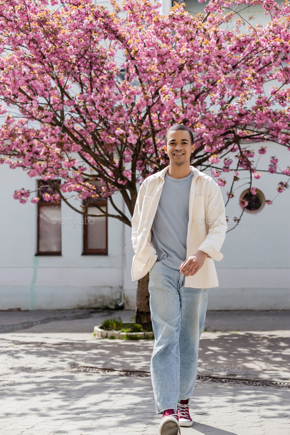 smiling african american man in shirt jacket walking with hand in pocket near japanese cherry tree