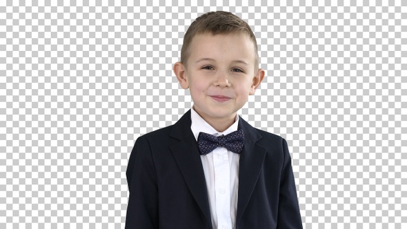 Smiling little boy in formal clothes standing, Alpha Channel alt