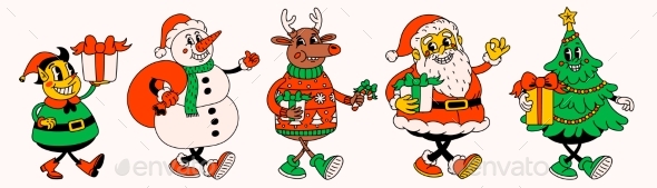Retro Style Christmas Cartoon Characters
