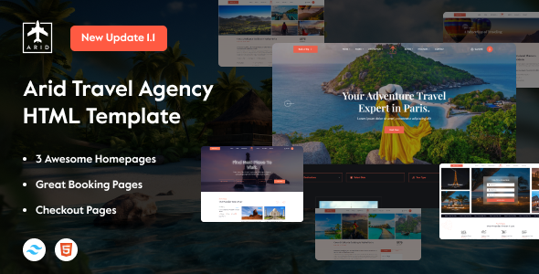 Arid - Travel & Tourism HTML/Tailwind CSS Template