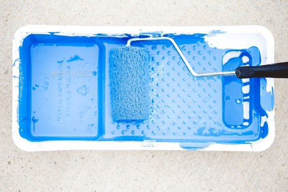 Blue Plastic Paint Pan and a Paint Roller Stock Image - Image of